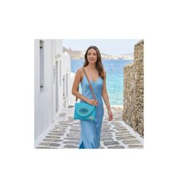 Ψάθινη γαλάζια τσάντα με αποσπώμενο και ρυθμιζόμενο λουράκι για χιαστί