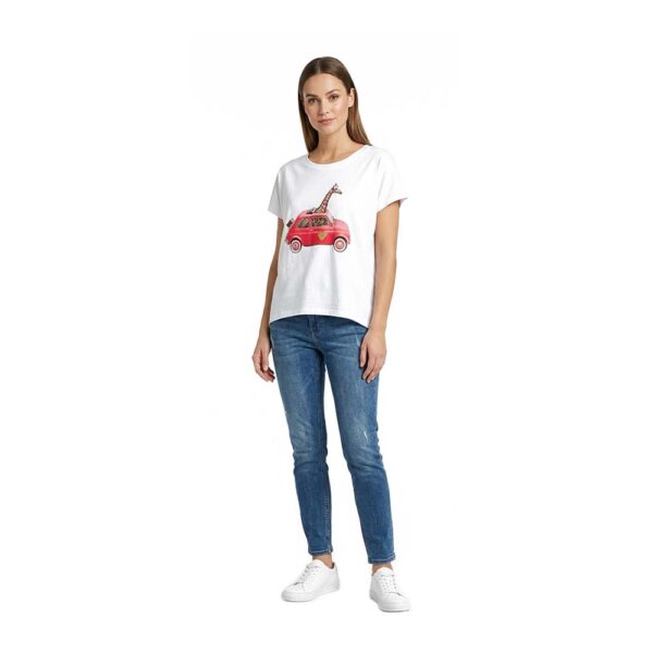 Λευκό γυναικείο κοντομάνικο T-shirt με στάμπα καμηλοπάρδαλη